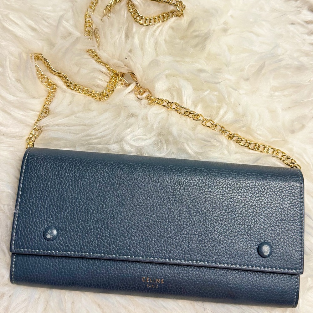 CELINE Large flap multi-function leather bi-fold long wallet, blue, for women